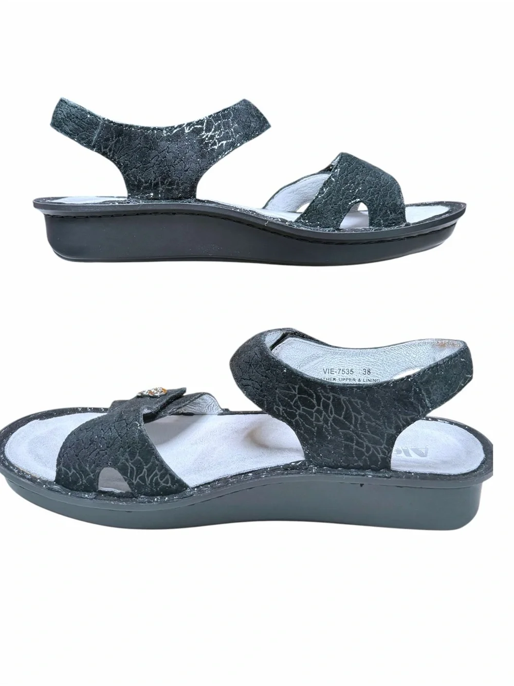 Alegria Vienna Waverly Black Crackle Leather Velcro Silver Heart Sandals NWOT